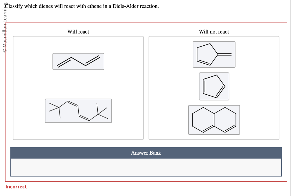  lassify which dienes will react with ethene in a Diels-Alder reaction.