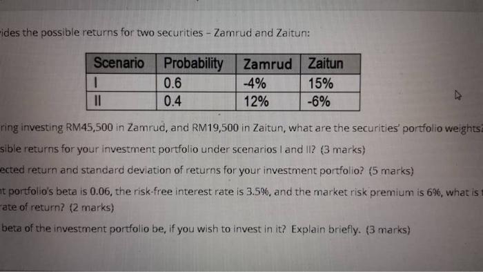  The table below provides the possible returns for two securities Zamrud