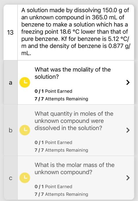  A solution made by dissolving 150.0g of an unknown compound in