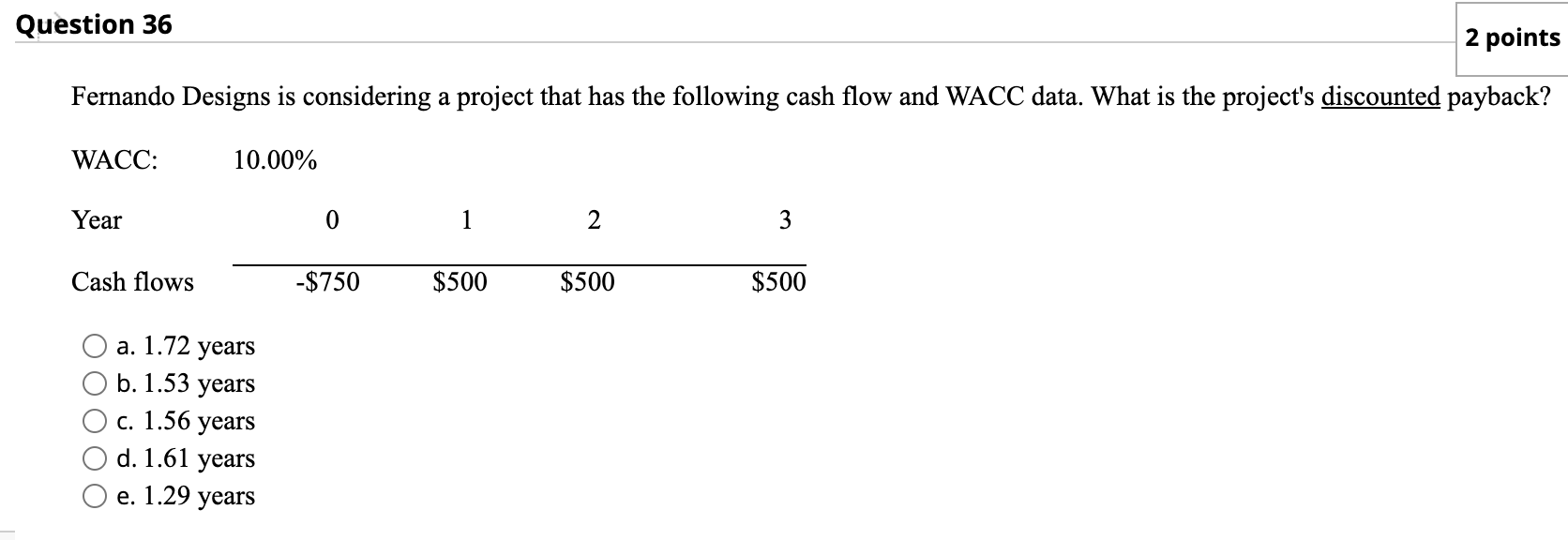  Question 36 2 points Fernando Designs is considering a project that