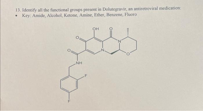 groups present in Dolutegravir, an antiretroviral medication: - Key: Amide, Alcohol, Ketone,