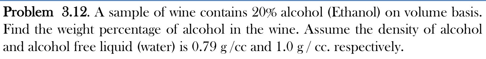  Problem 3.12. A sample of wine contains 20% alcohol (Ethanol) on