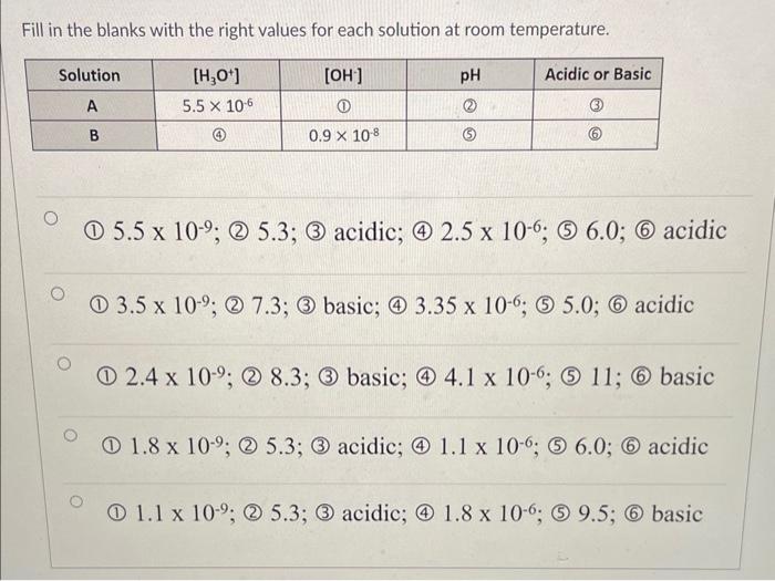  Fill in the blanks with the right values for each solution