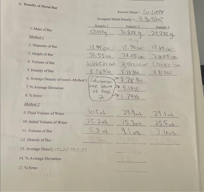 of Mefal Dar A. Density of Metal Bar 1. Mass of Bar