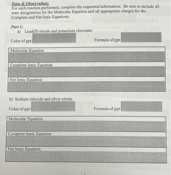  Data \& Observation: For each reaction performed, complete the requested information.