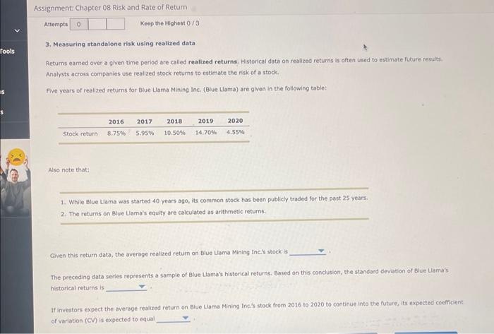  3. Measuring standalone risk using realized data Returns eamed over a