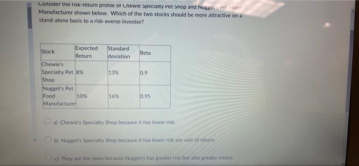 need help with 13 and 15 Consider the risk-return profile of Chewie
