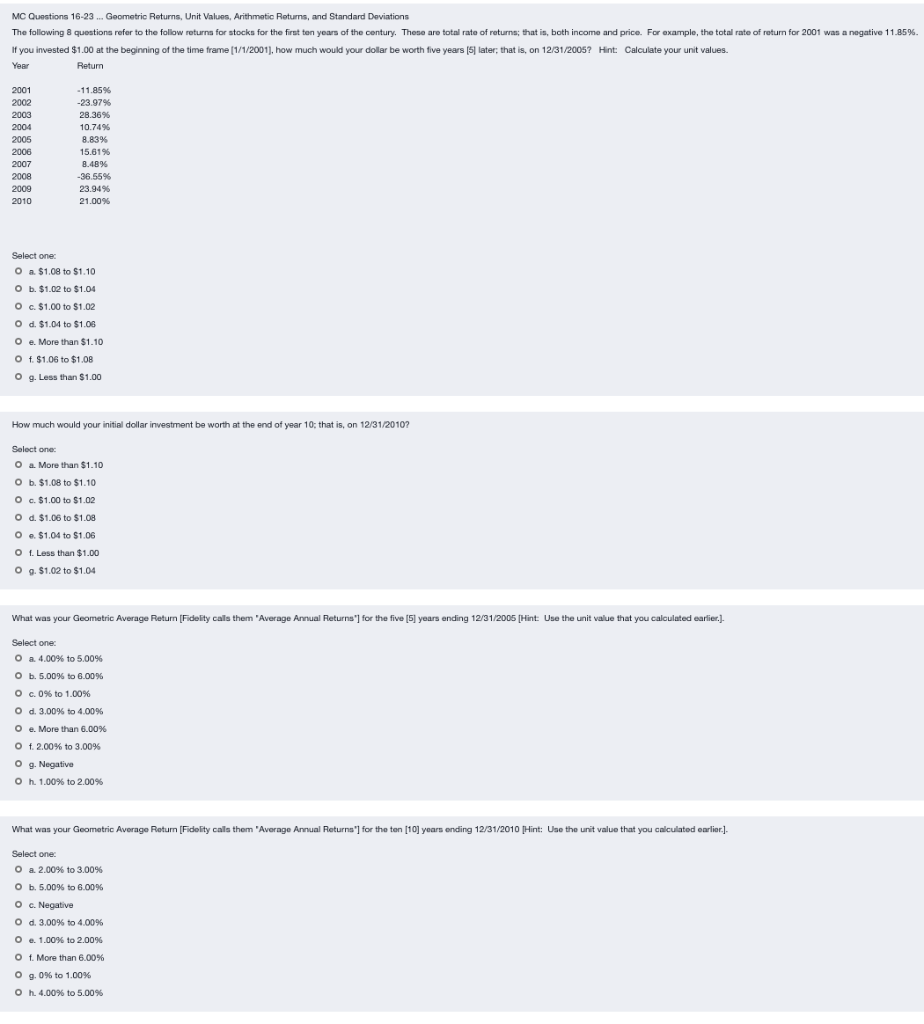 Deviations The following questions refer to the follow returns for stocks for