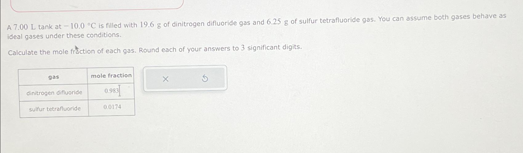  A 7.00 L tank at -10.0C is filled with 19.6g of