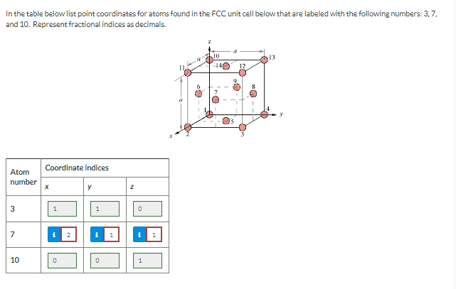  In the table below list point coordinates for atoms found in