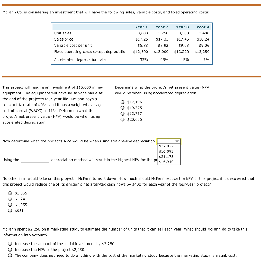  Using the (accelerated/strsight-line) depreciation method will result in the highest NPV