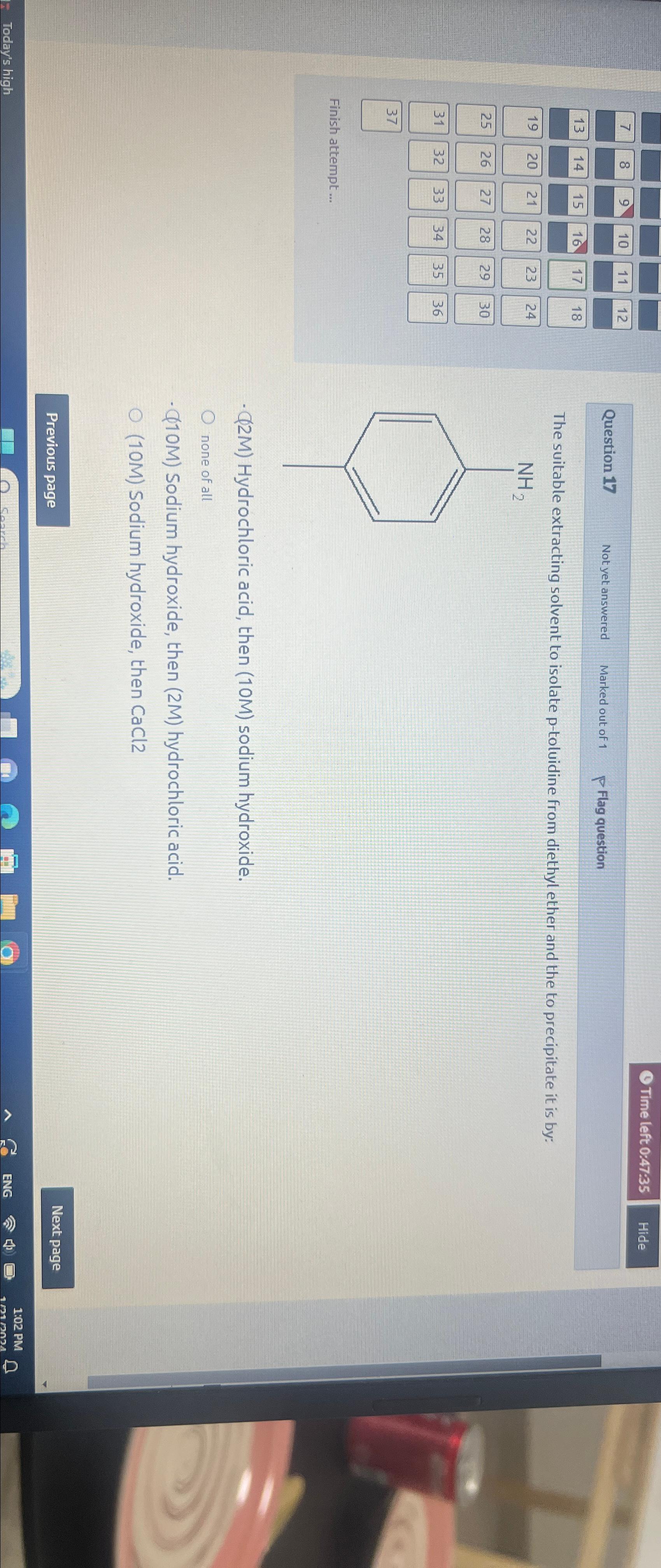  Finish attempt ... (1) Time left 0:47:35 Question 17 Not yet