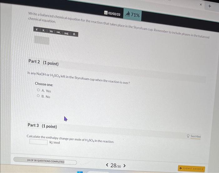 1.00MNaOH is mived with 45.1mL of 1.00MH2SO4 in a large Styrofoam coffee