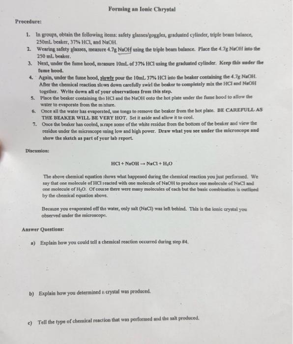  Forming an Ionic Chrystal Procedure: 1. In groups, obtain the following