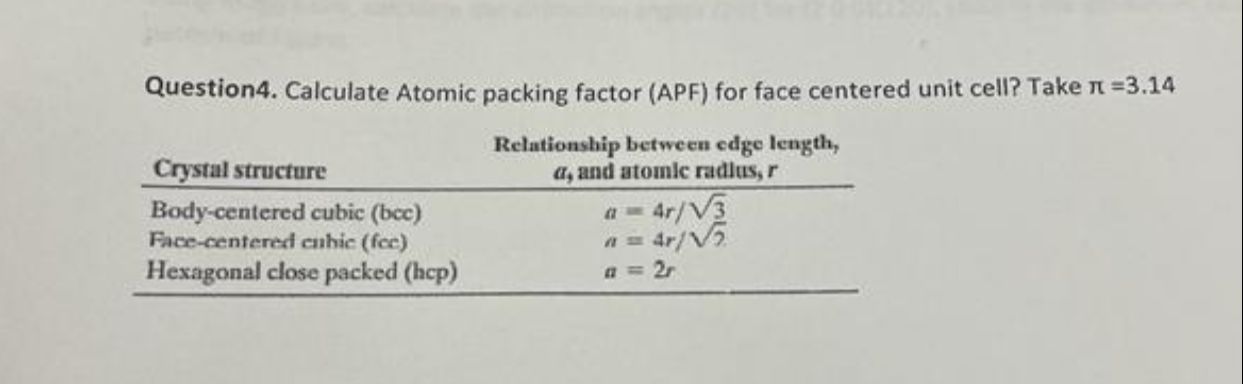  Question4. Calculate Atomic packing factor (APF) for face centered unit cell?