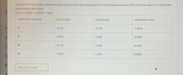  Using the following data, determine the value for the rate constant