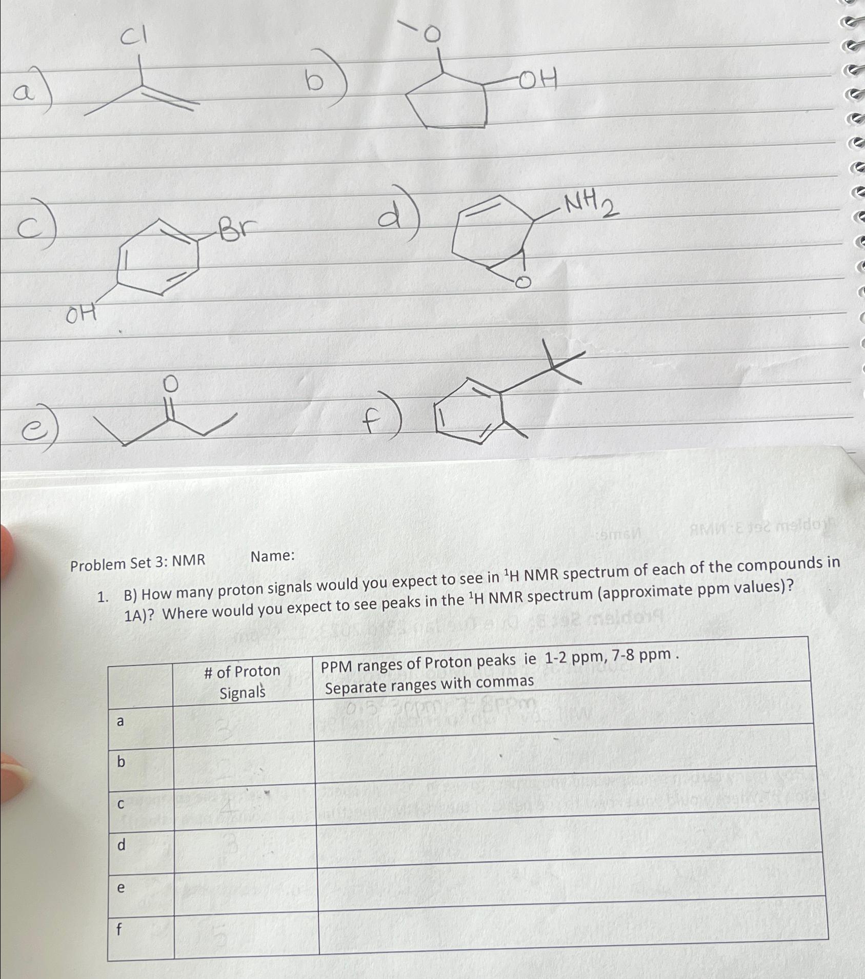  Problem Set 3: NMR Name: B) How many proton signals would