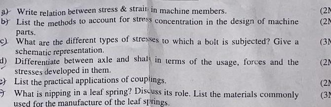  a) Write relation between stress \& strair in machine members. b)