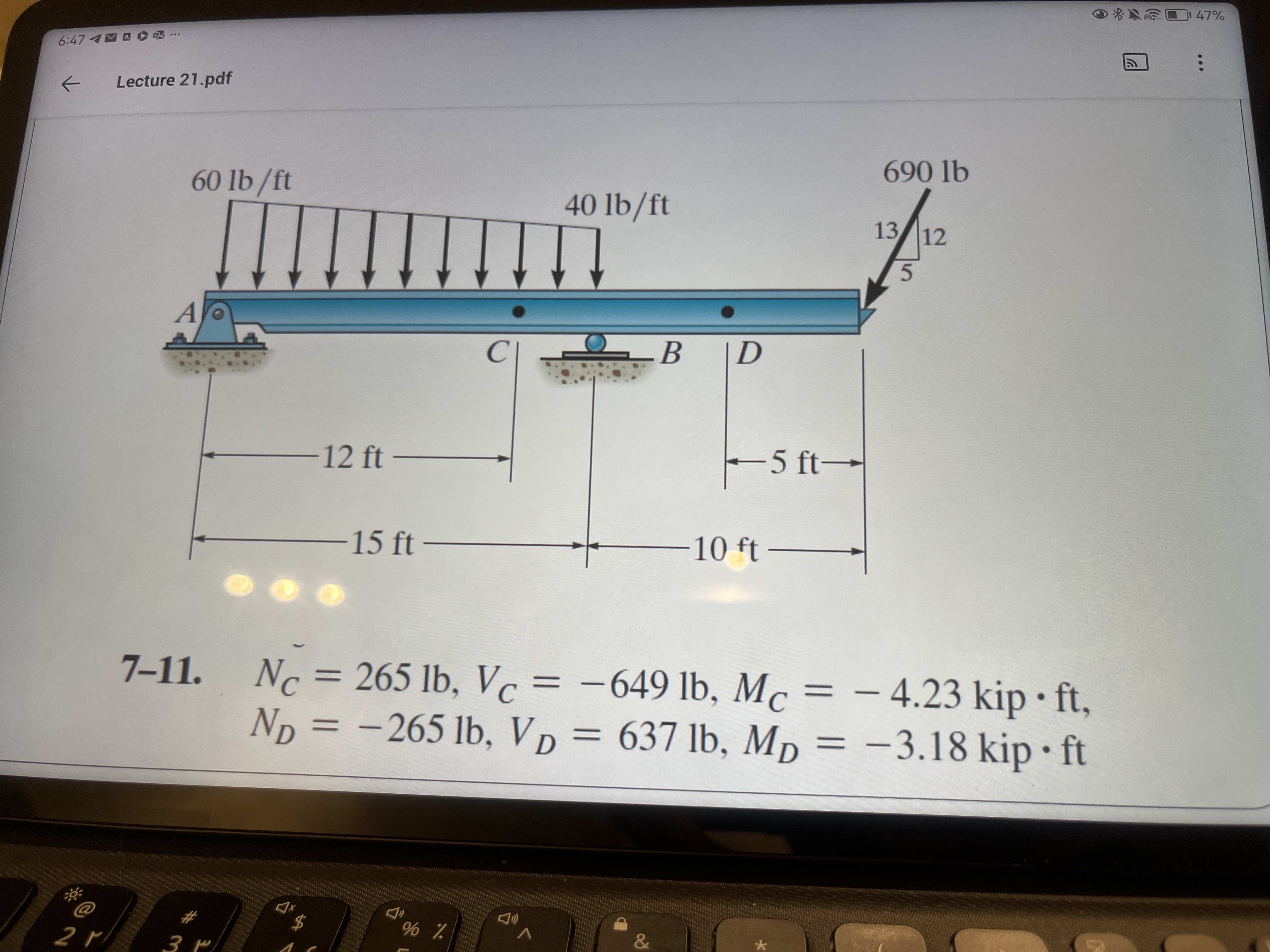  Extra Problems Determine the in iernal forces at mid-points (D) of