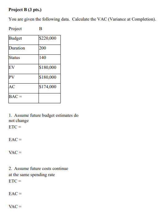 Project B (3 pts.) You are given the following data. Calculate
