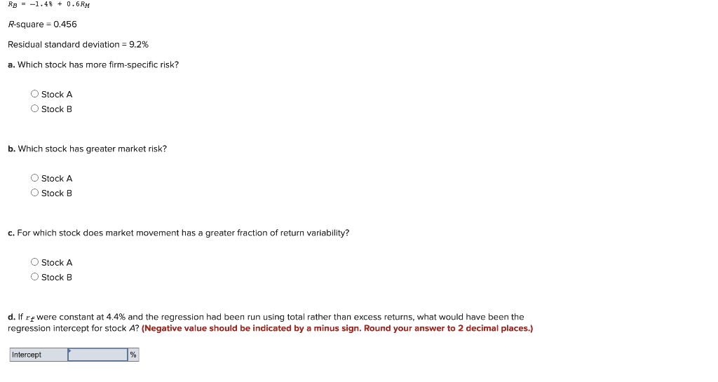 and B : RA=0.98+1.1RM R-square =0.590 Residual standard deviation =11% RB=1.4%+0.6RM R-square