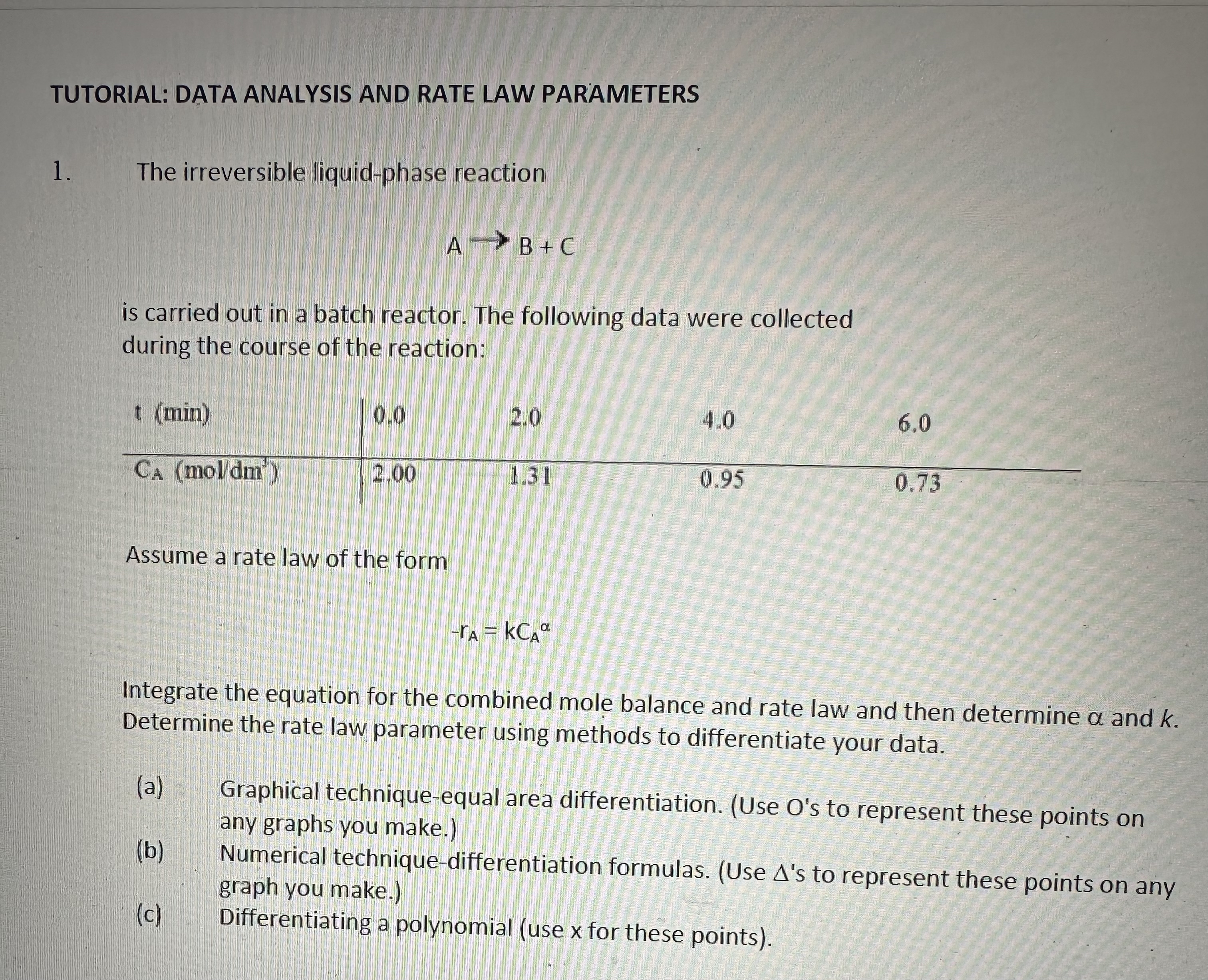  TUTORIAL: DATA ANALYSIS AND RATE LAW PARAMETERS The irreversible liquid-phase reaction