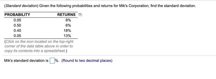  (Standard deviation) Given the following probabilities and returns for Mik's Corporation,