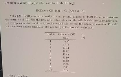  Problem #2: NaOH(aq) is often used to titente HCl(aq). HCl(aq)+OH-(aq)Cl-(aq)+H2O(l) A