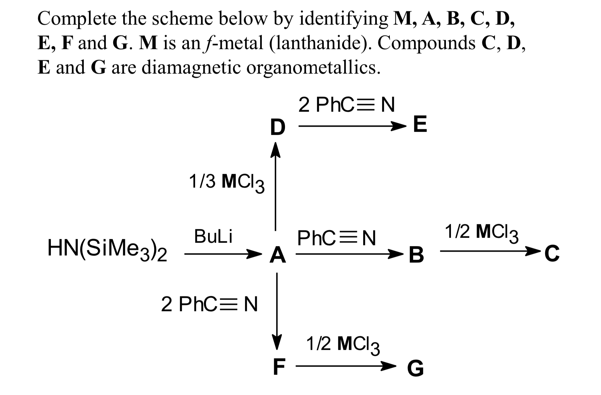  Complete the scheme below by identifying M,A,B,C,D, E,F and G.M is