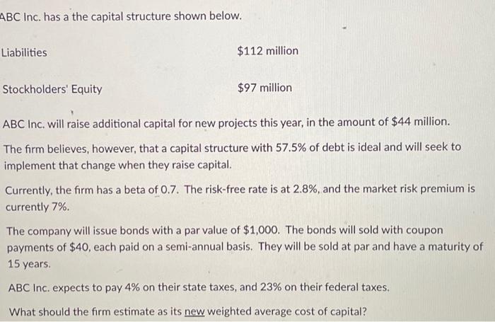  ABC Inc. has a the capital structure shown below. Liabilities $112