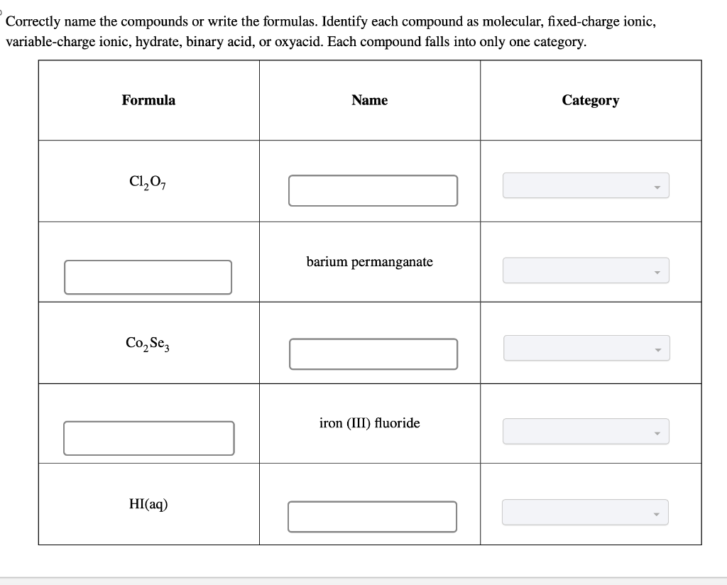 aria Category fixed-charge ionic variable-charge ionic molecular oxyacid binary acid hydrate