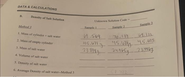 please answer 1 through 6 B. Density of Salt Solution Unknown Solution