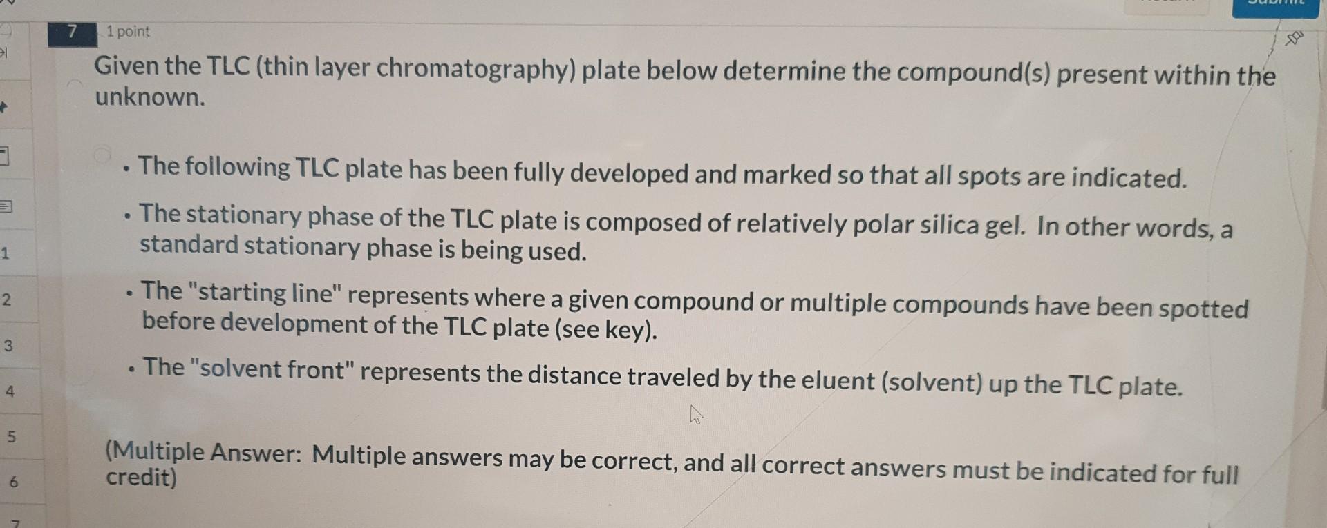 Given the TLC (thin layer chromatography) plate below determine the compound(s)