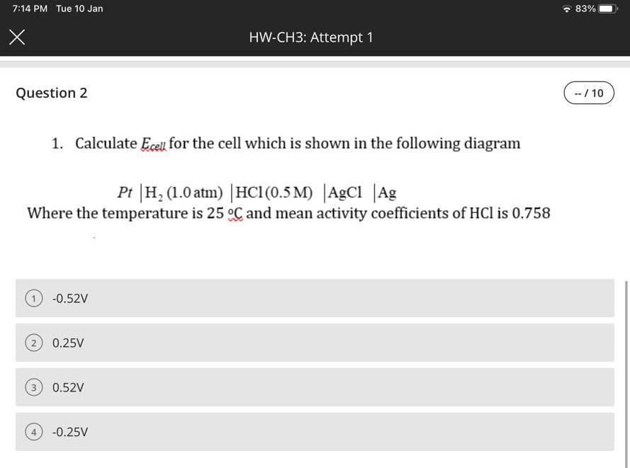  1. Calculate Ecell for the cell which is shown in the