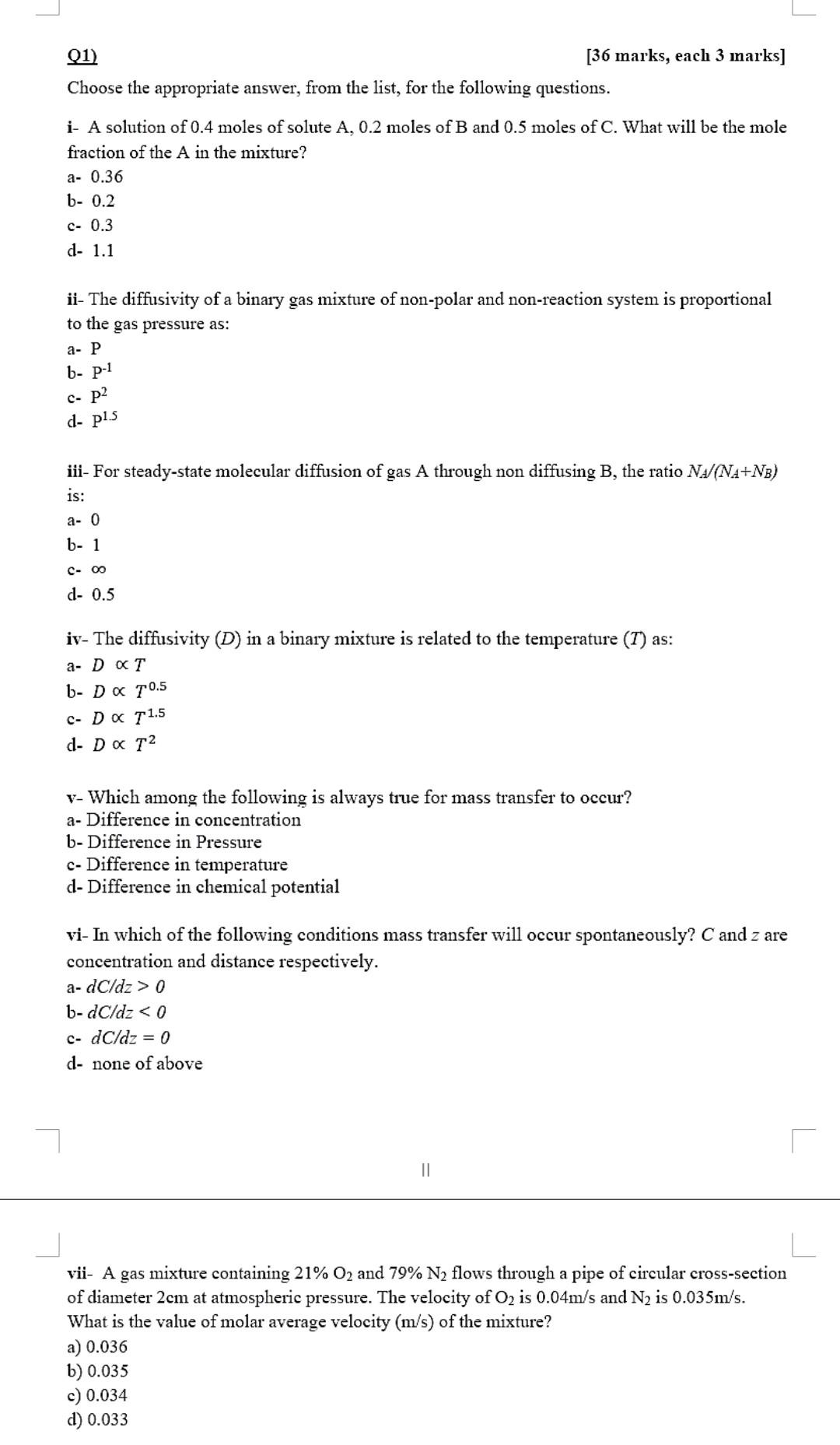  01) [36 marks, each 3 marks] Choose the appropriate answer, from