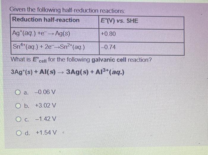 27 Given the following half-reduction reactions: What is Ecell for the following