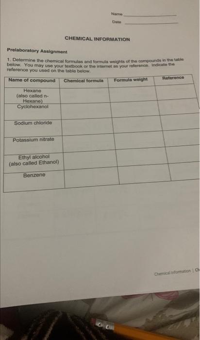v Prelaboratory Assignment 1. Determine the chamical formulas and fomula weights of
