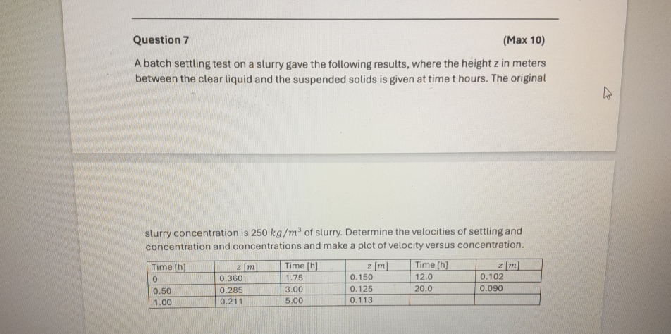  Question 7 (Max 10) A batch settling test on a slurry