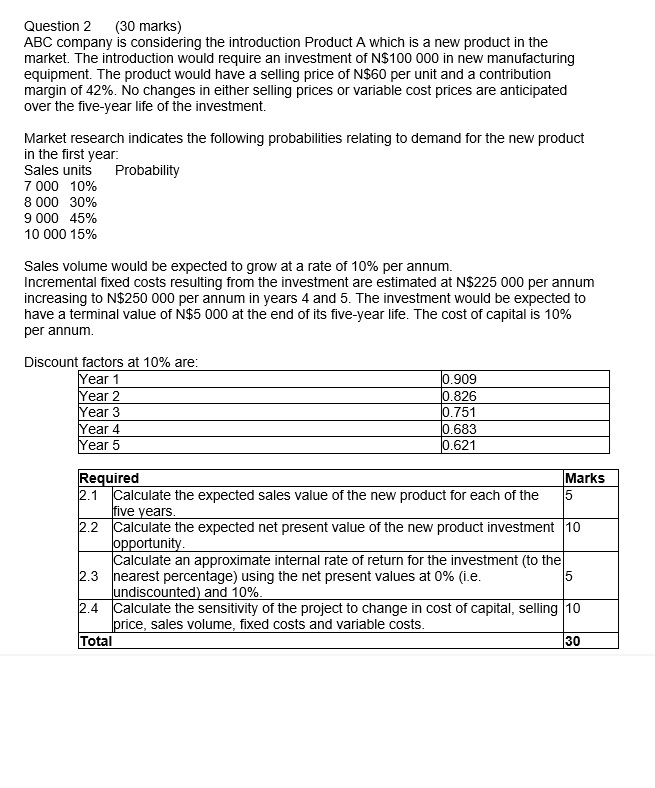  Question 2,(30 marks) ABC company is considering the introduction Product A