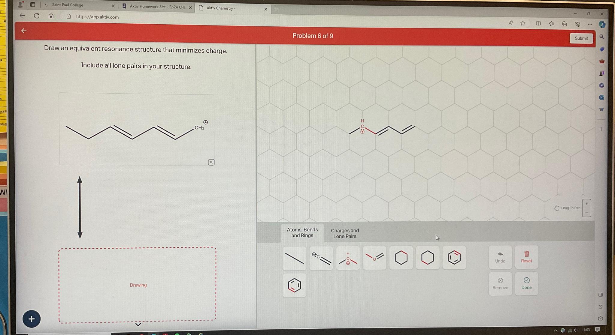  Draw an equivalent resonance structure that minimizes charge. Include all lone