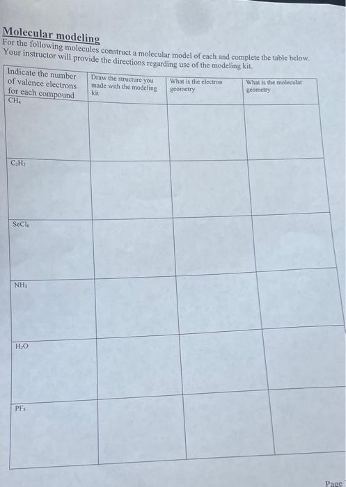  Molecular modeling For the following molecules construct a molecular model of