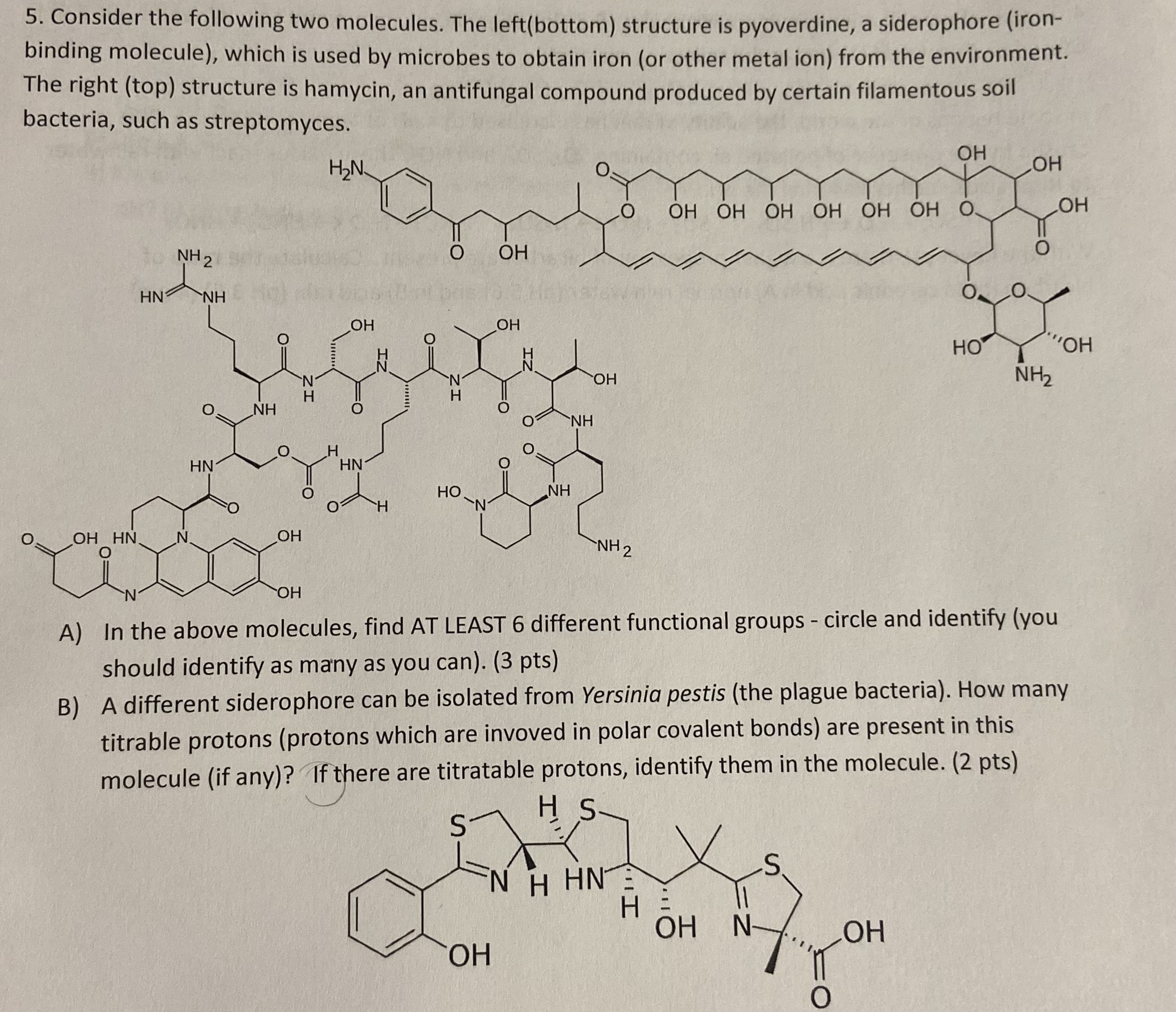  Consider the following two molecules. The left(bottom) structure is pyoverdine, a