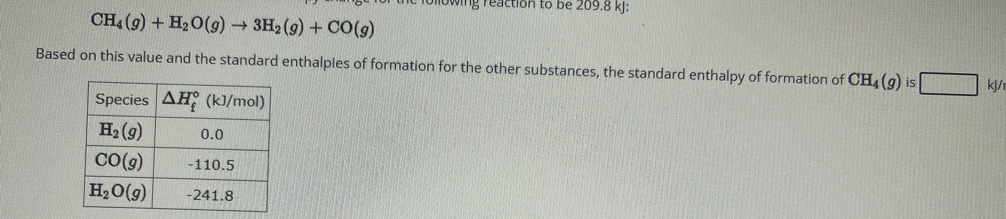  CH4(g)+H2O(g)3H2(g)+CO(g) Based on this value and the standard enthalpies of formation
