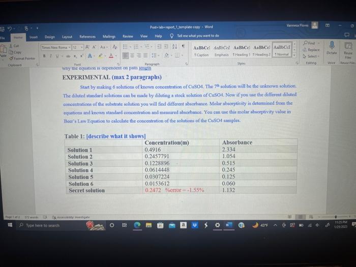 describe the graph EXPERIMENTAL (max 2 paragraphs) Start by making 6 solutions