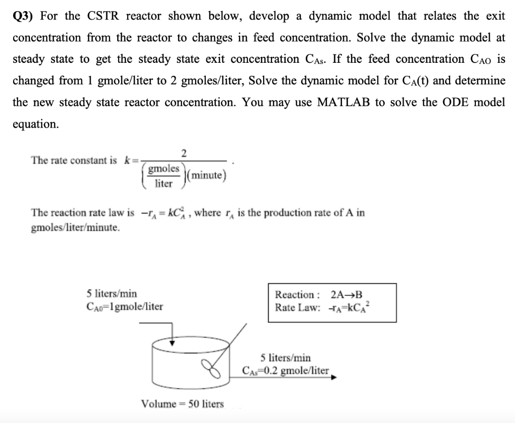 MATLAB!! (3) For the CSTR reactor shown below, develop a dynamic model