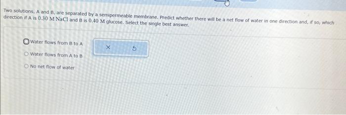  Two solutions, A and B, are separated by a semipermeable membrane.