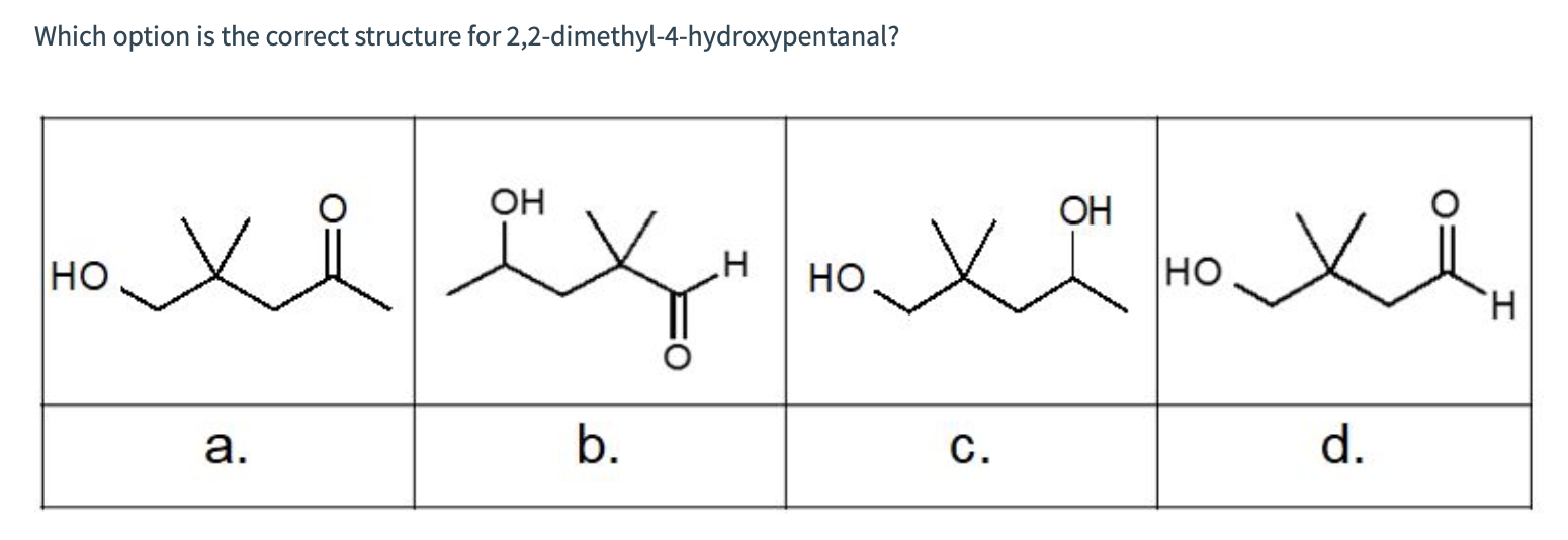 1. 2. 3. 4. Which option is the correct structure for 2,2-dimethyl-4-hydroxypentanal?