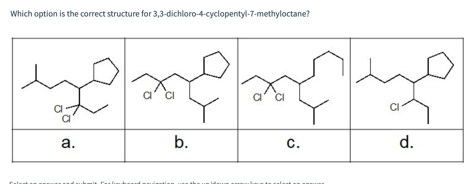 Which option is the correct structure for 3,3-dichloro-4-cyclopentyl-7-methyloctane? What is the name