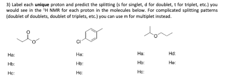  3) Label each unique proton and predict the splitting (s for