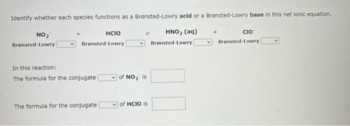 behaves as a Bronsted-Lowry acid in water. Identify whether each species functions